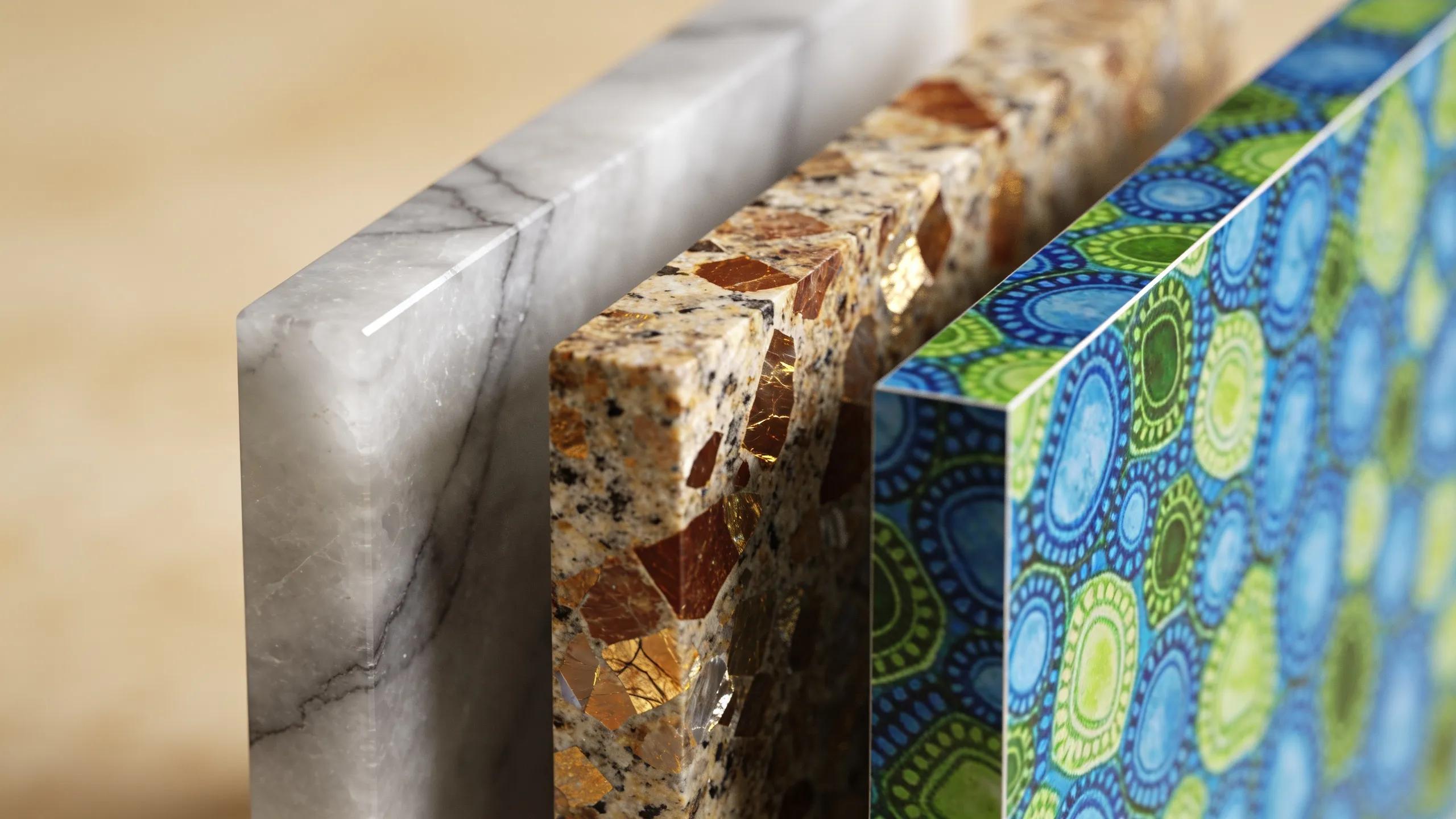 Close-up of quartz, granite, and laminate countertop materials showcasing their textures and colors