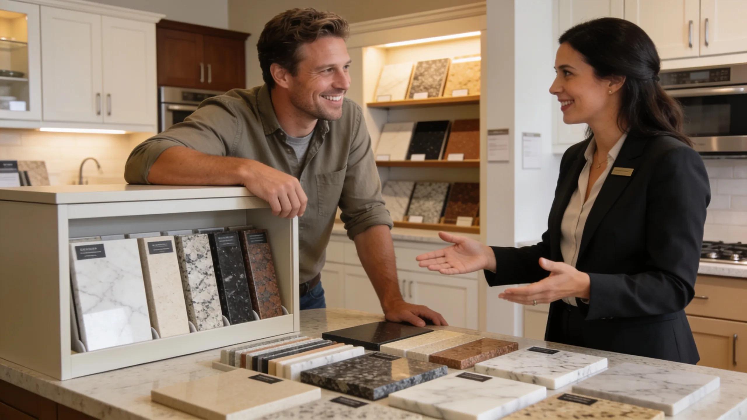 Homeowner discussing kitchen countertop options with a sales representative in a showroom