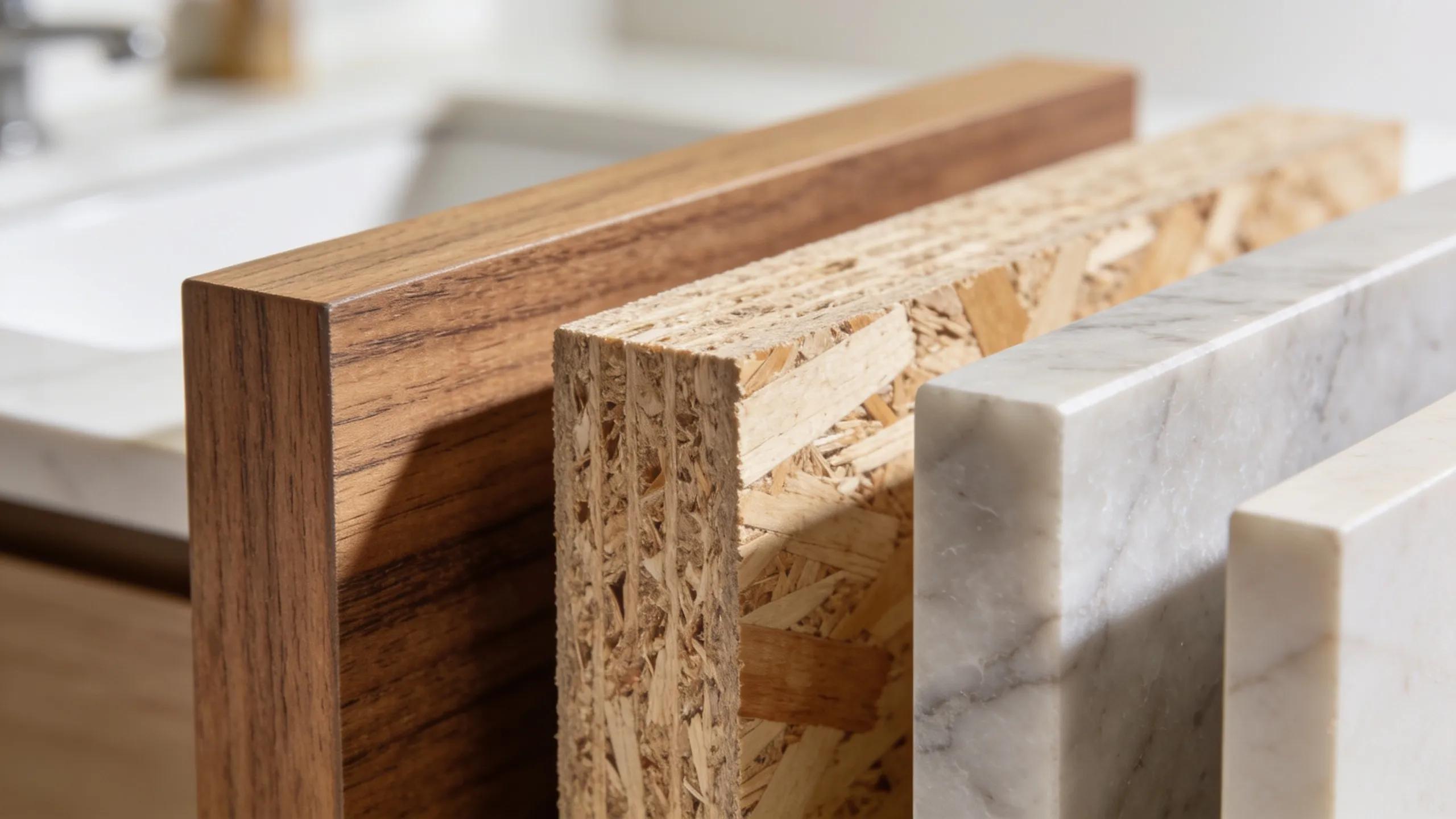 Samples of solid wood, plywood, and quartz materials for bathroom vanities