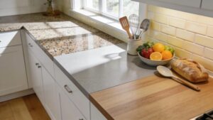 Stylish kitchen with various countertop materials highlighting durability and aesthetics