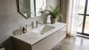Modern bathroom vanity with elegant fixtures and stylish decor
