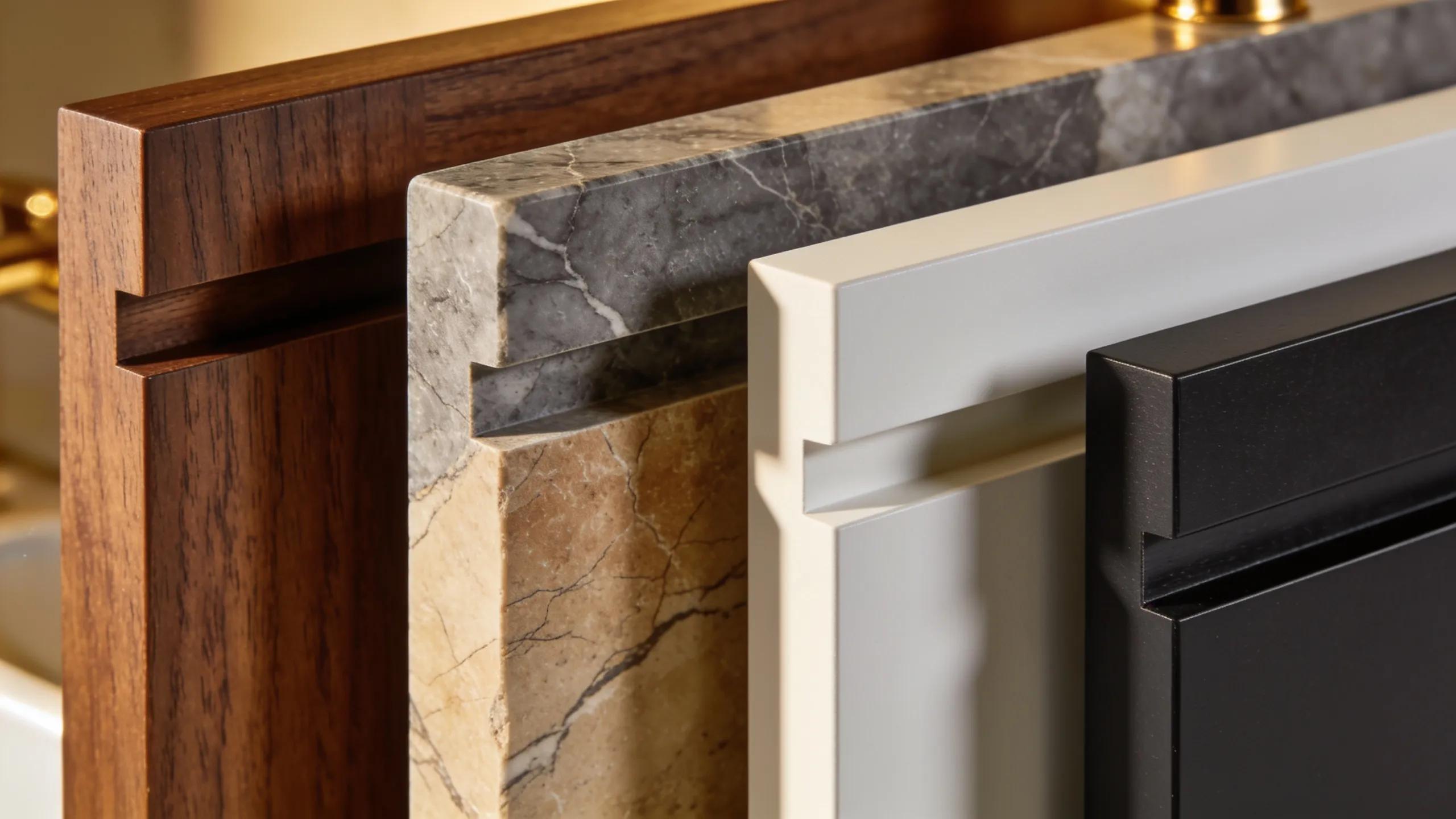 Close-up of high-quality materials used in custom bathroom vanities showcasing textures and colors