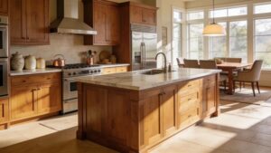 Solid wood kitchen cabinets in a warm, inviting kitchen setting