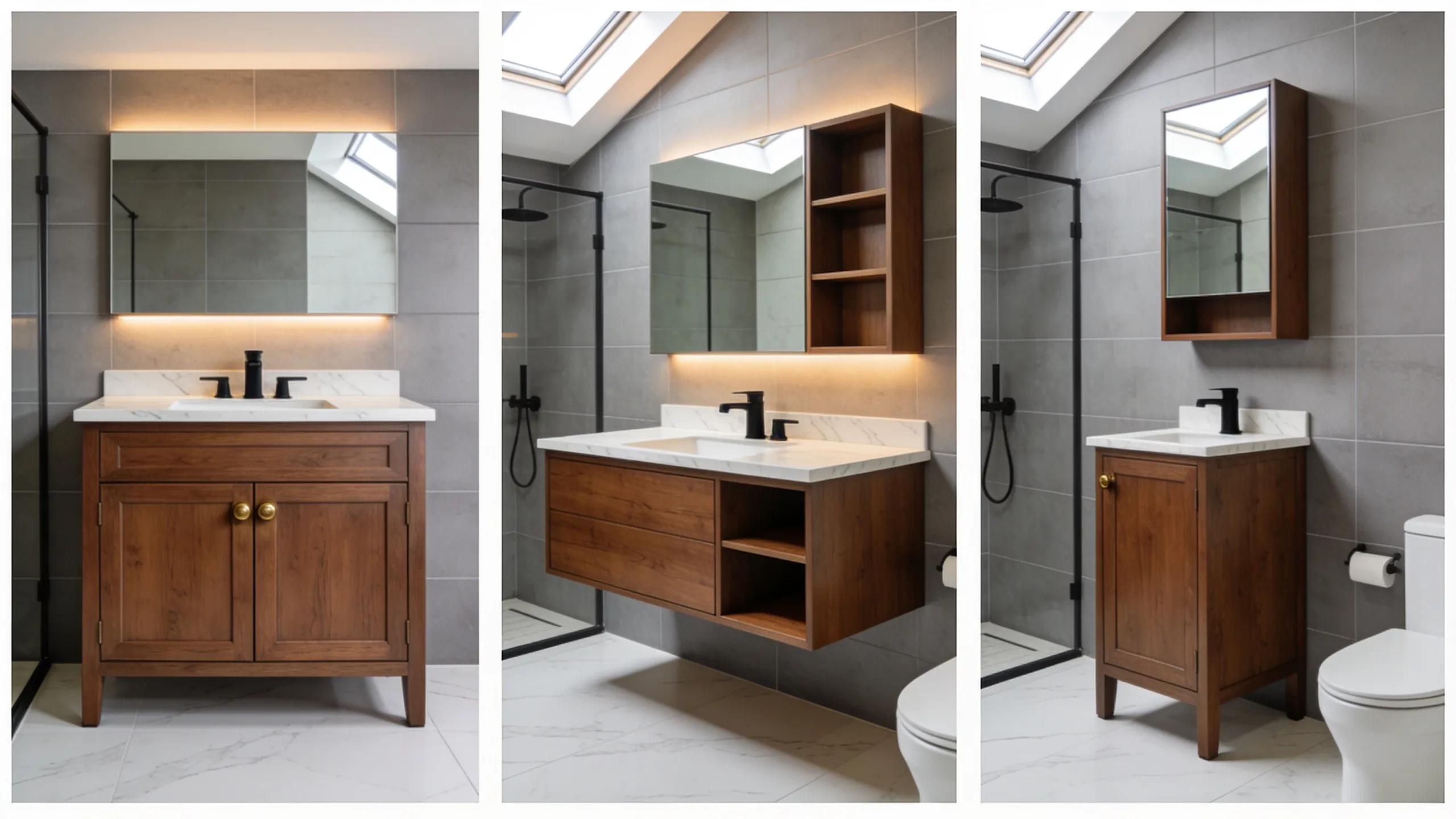 Collage of various styles of solid wood bathroom vanities including Shaker, floating, and compact units in modern settings