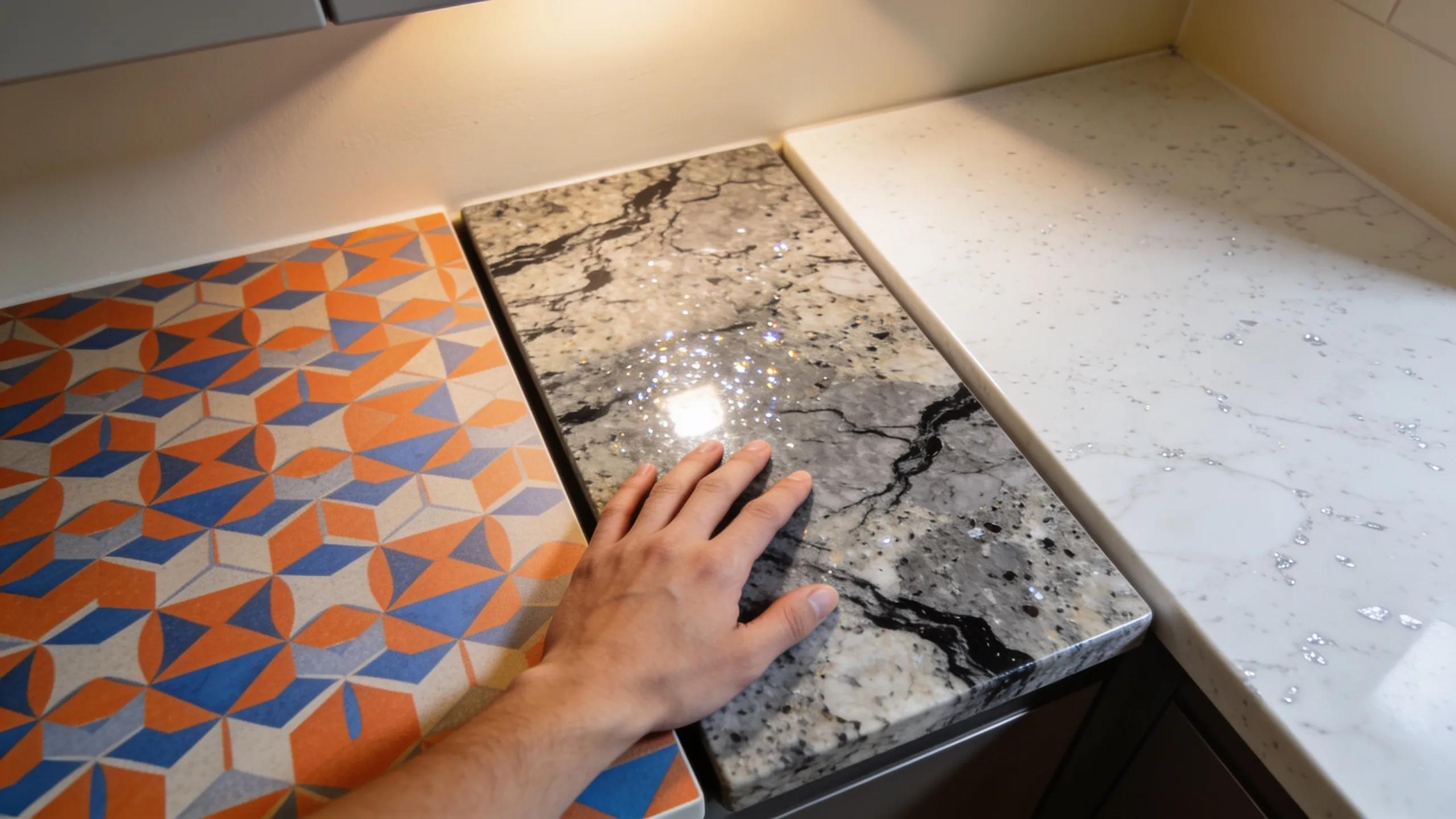 Close-up of laminate, granite, and quartz kitchen countertop materials showcasing their textures and colors