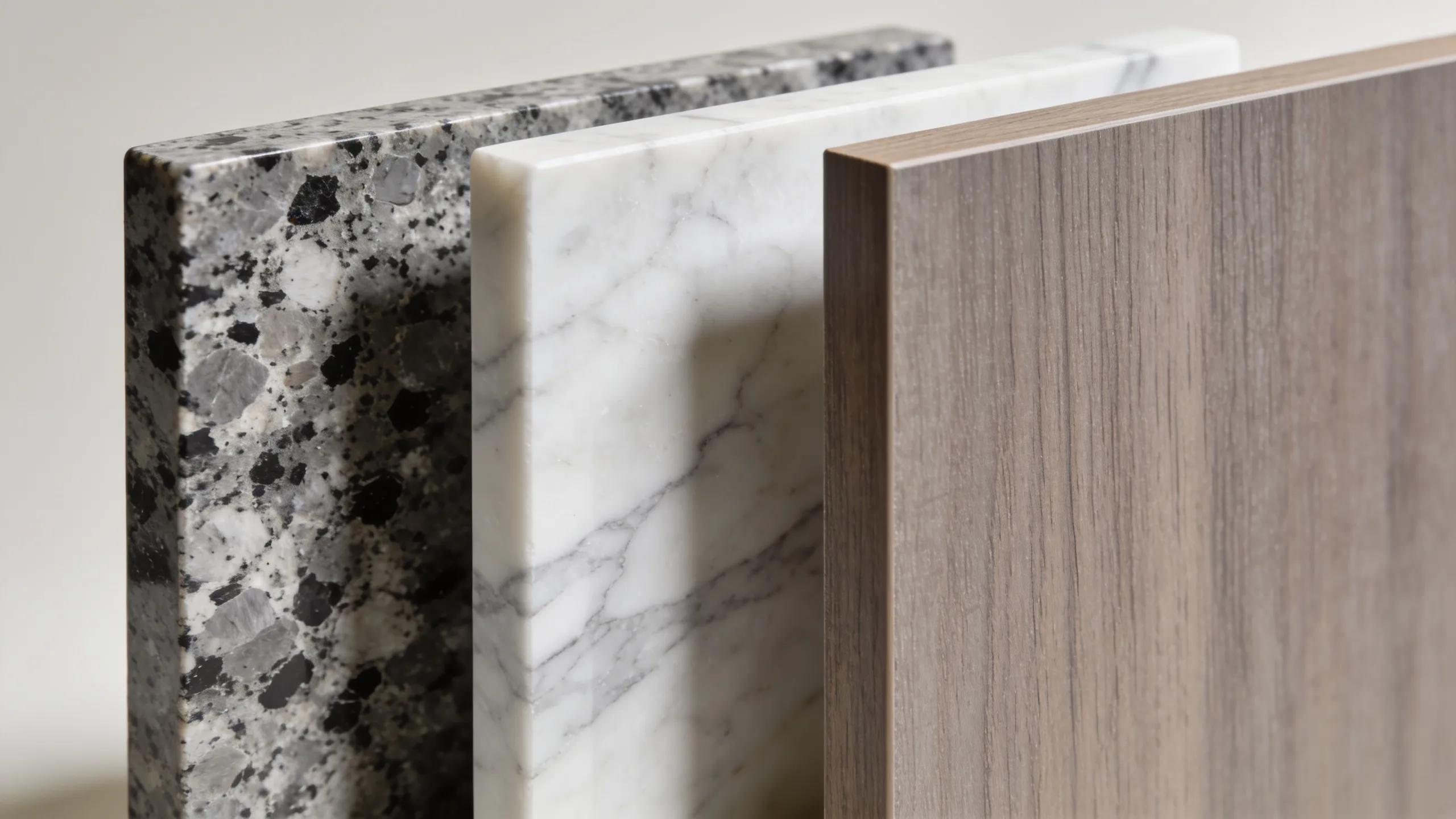 Close-up of various kitchen countertop materials: granite, quartz, and laminate