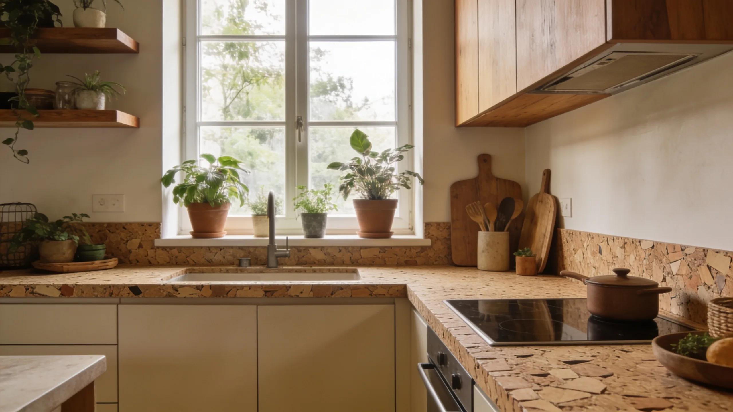 Eco-friendly kitchen with sustainable countertop materials and natural elements