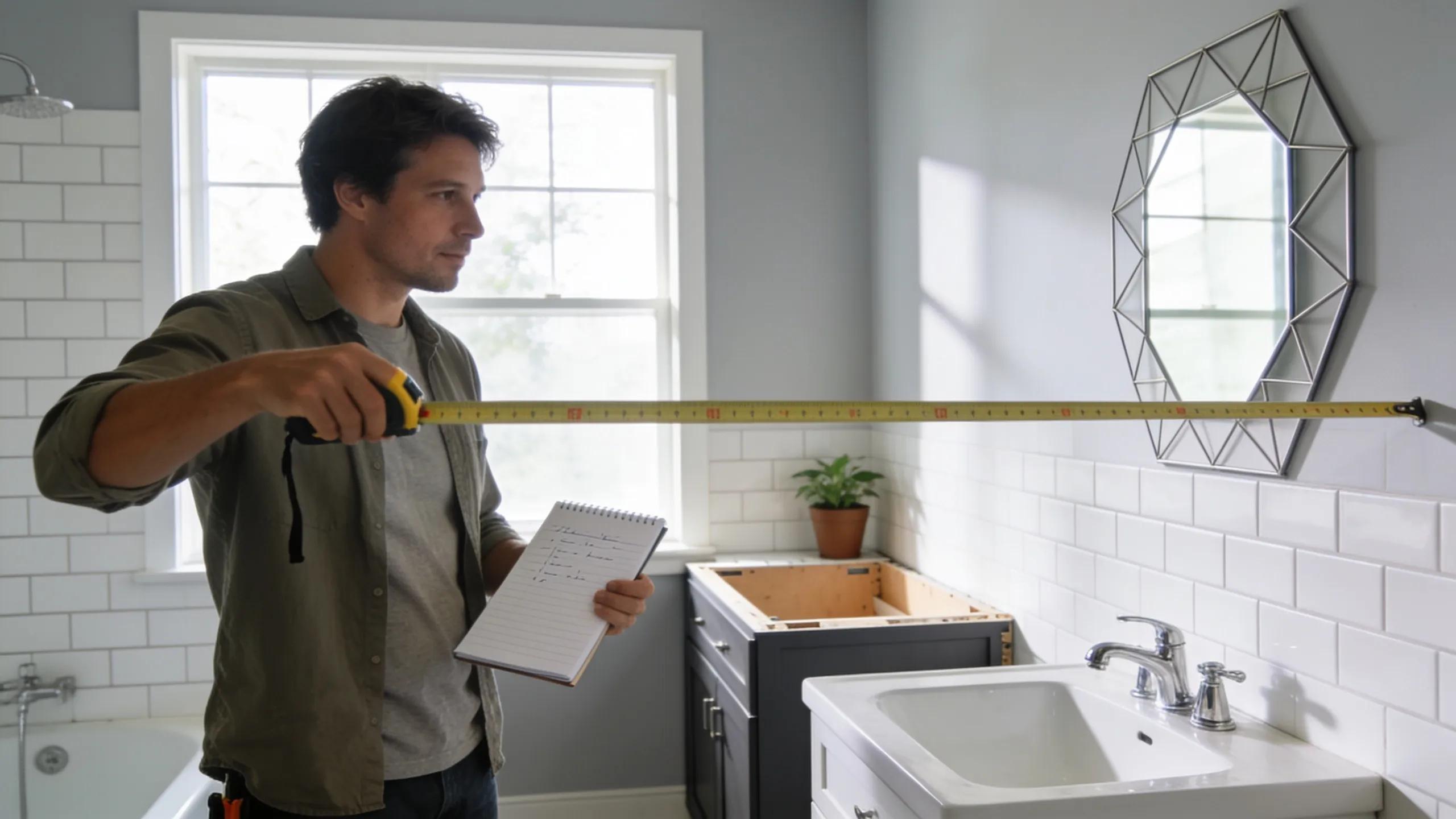 Homeowner measuring bathroom space for vanity installation with modern fixtures in the background