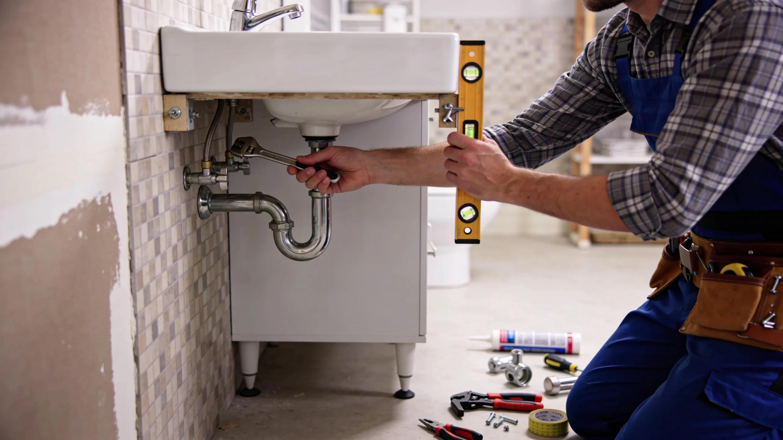 Professional installing a bathroom vanity with tools and materials