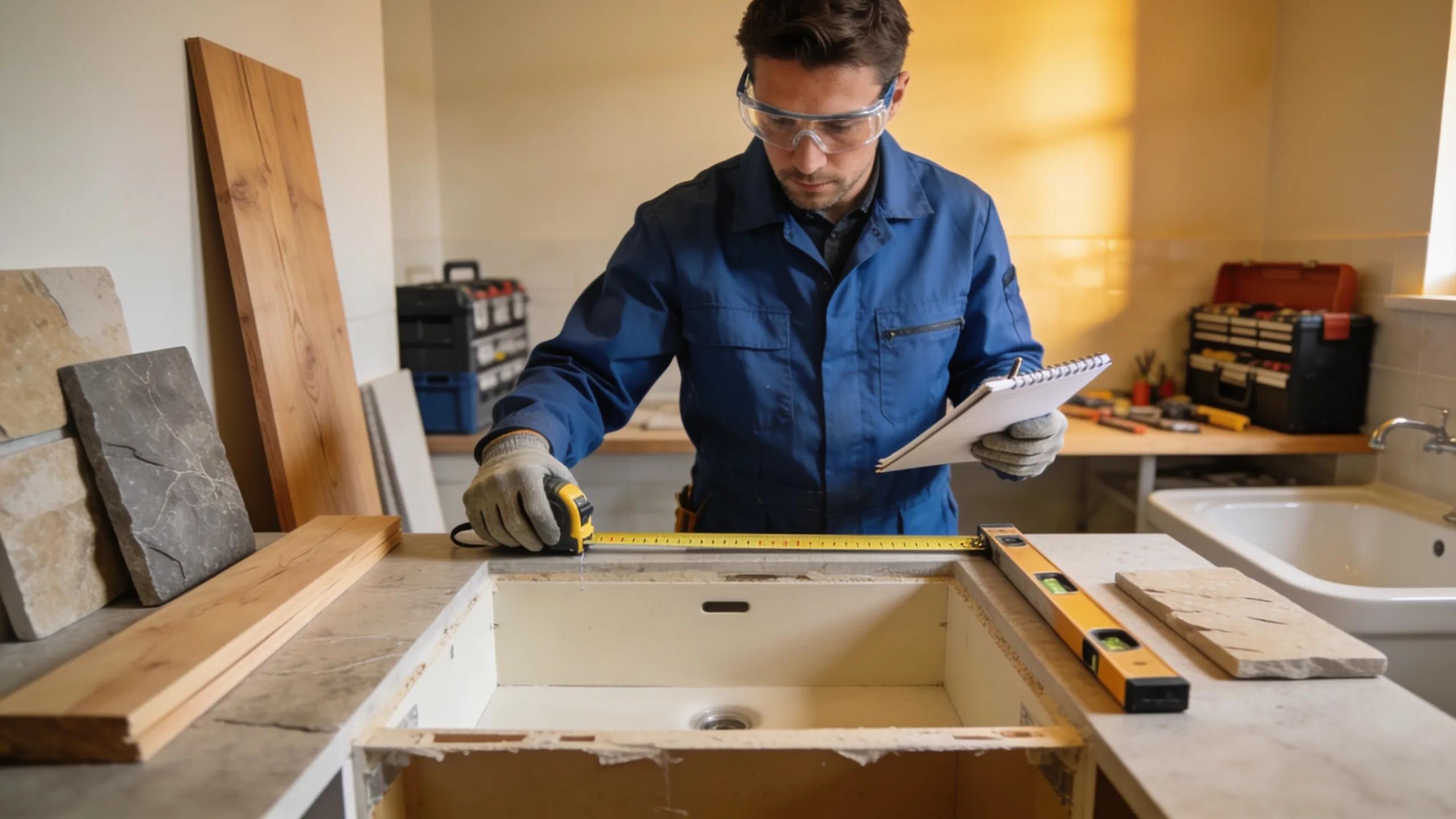 Professional contractor measuring for bathroom vanity installation