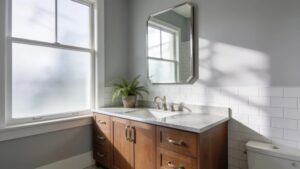 Custom bathroom vanity with quartz countertop in a modern bathroom setting