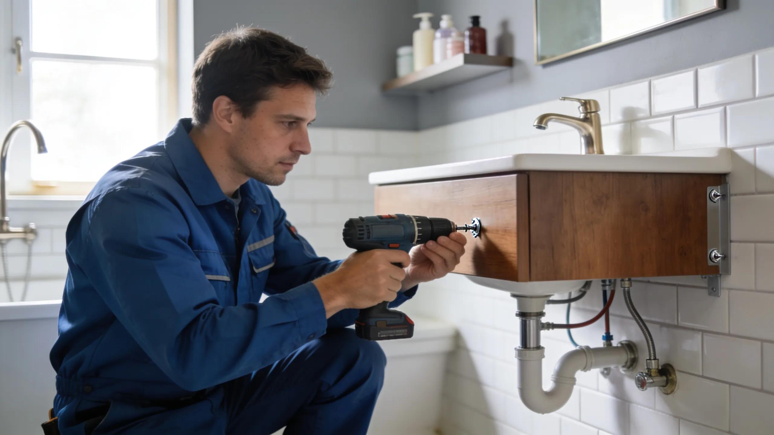 Professional installer securing a bathroom vanity during installation in a stylishly decorated bathroom