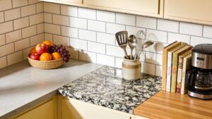 Stylish kitchen with various countertop materials highlighting quartz, granite, and laminate options