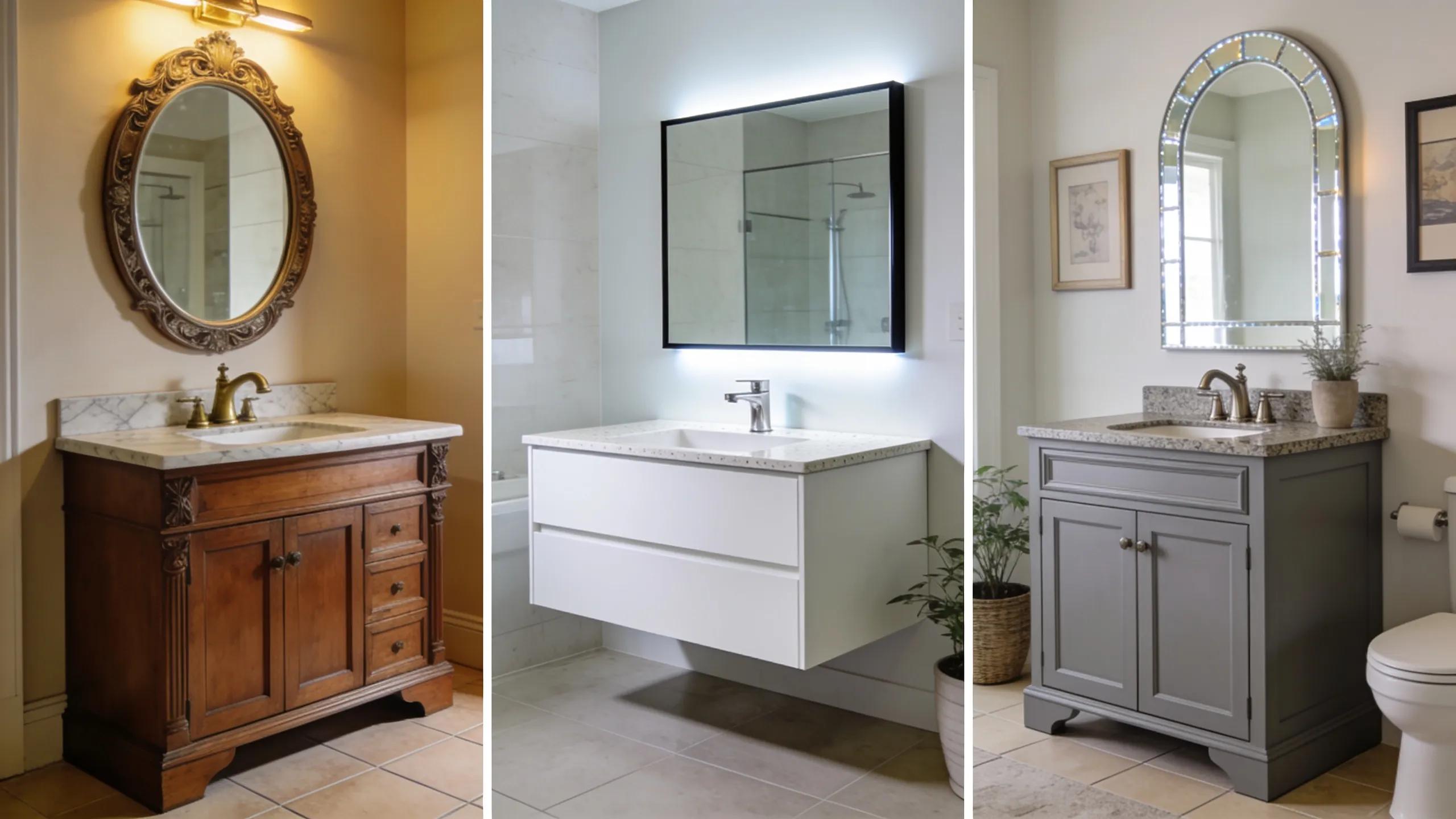 Collage of different bathroom vanity styles showcasing traditional, modern, and transitional designs
