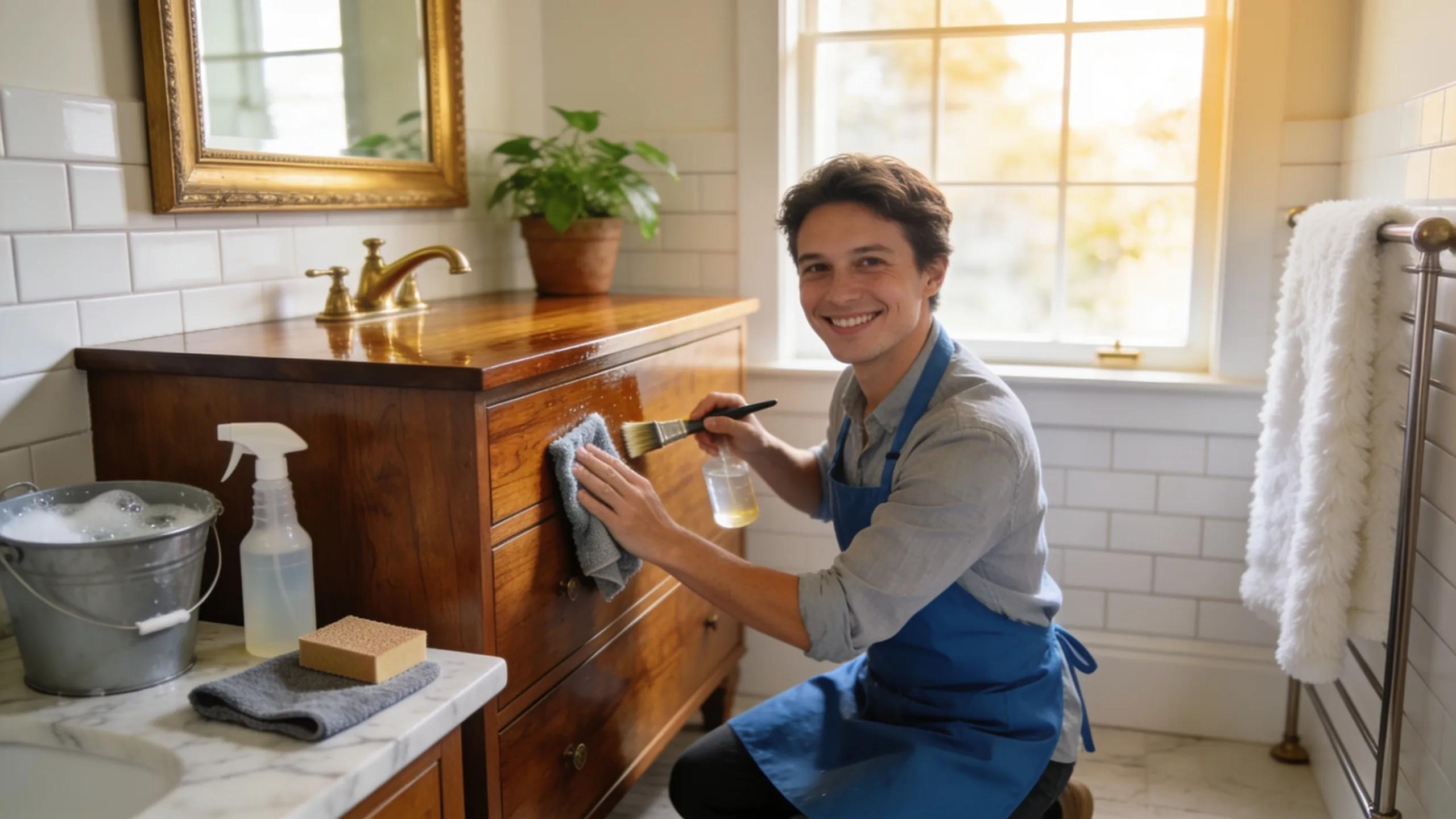 Homeowner maintaining a solid wood bathroom vanity, demonstrating care practices for longevity