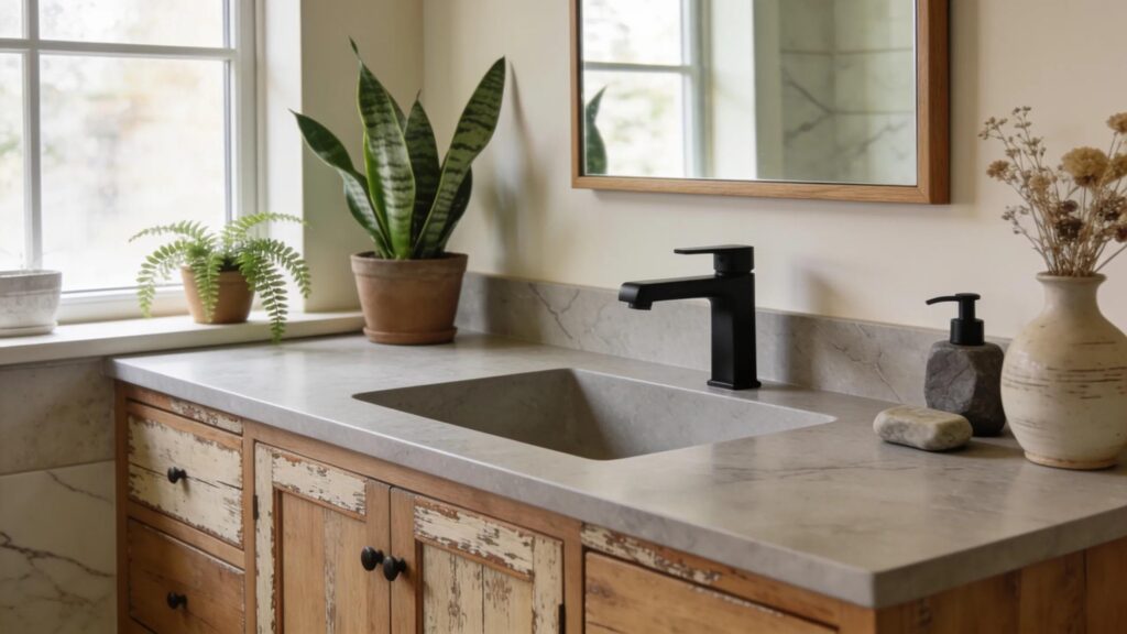 Custom bathroom vanity design with quartz countertop and wooden cabinetry in a stylish bathroom setting
