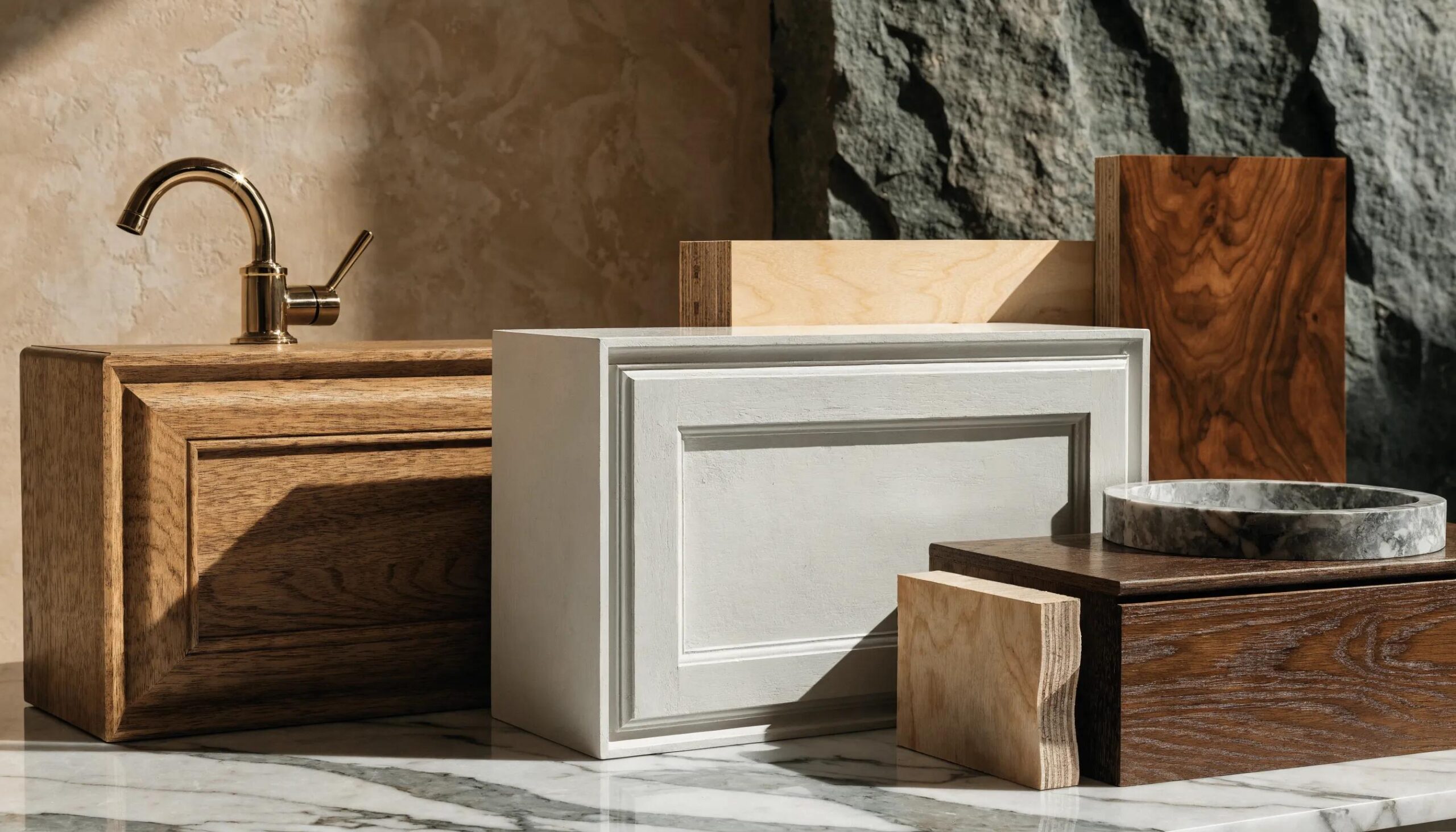 Samples of solid wood, MDF, and plywood materials for bathroom vanities