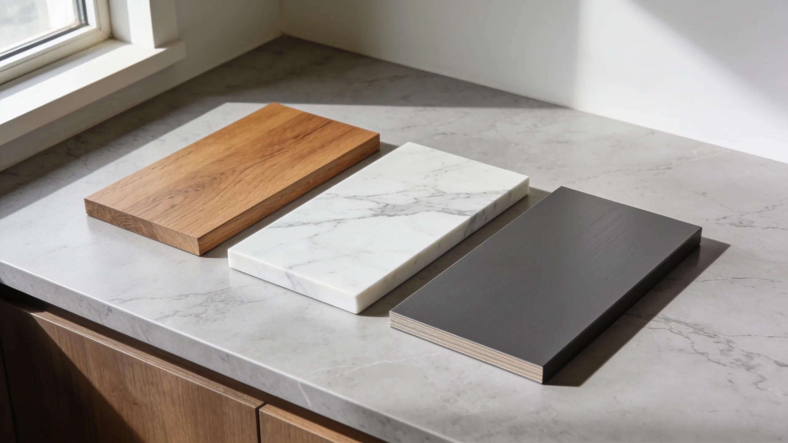 Different materials for bathroom vanities including wood, quartz, and laminate