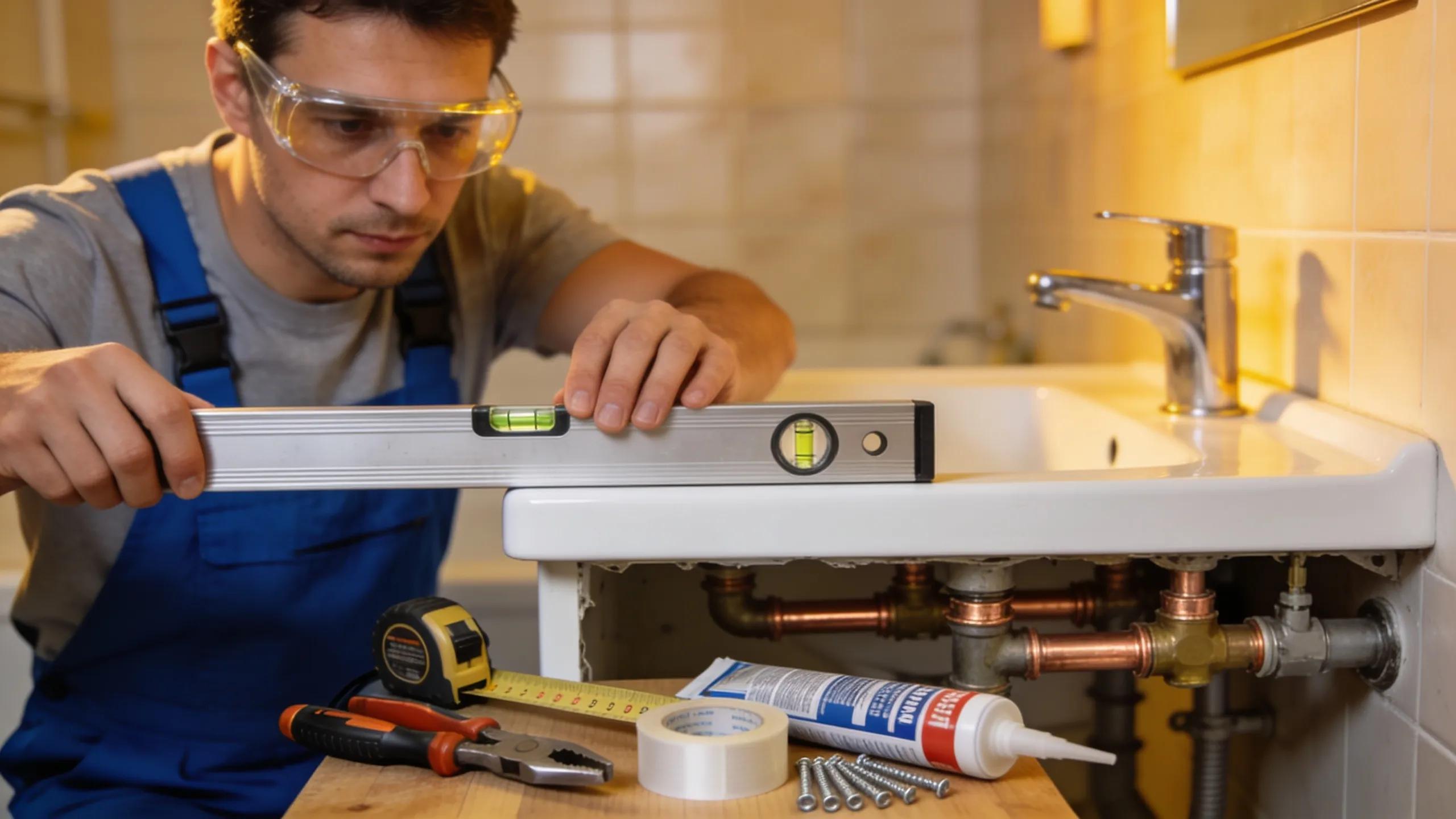 Professional installing a bathroom vanity with tools and materials visible