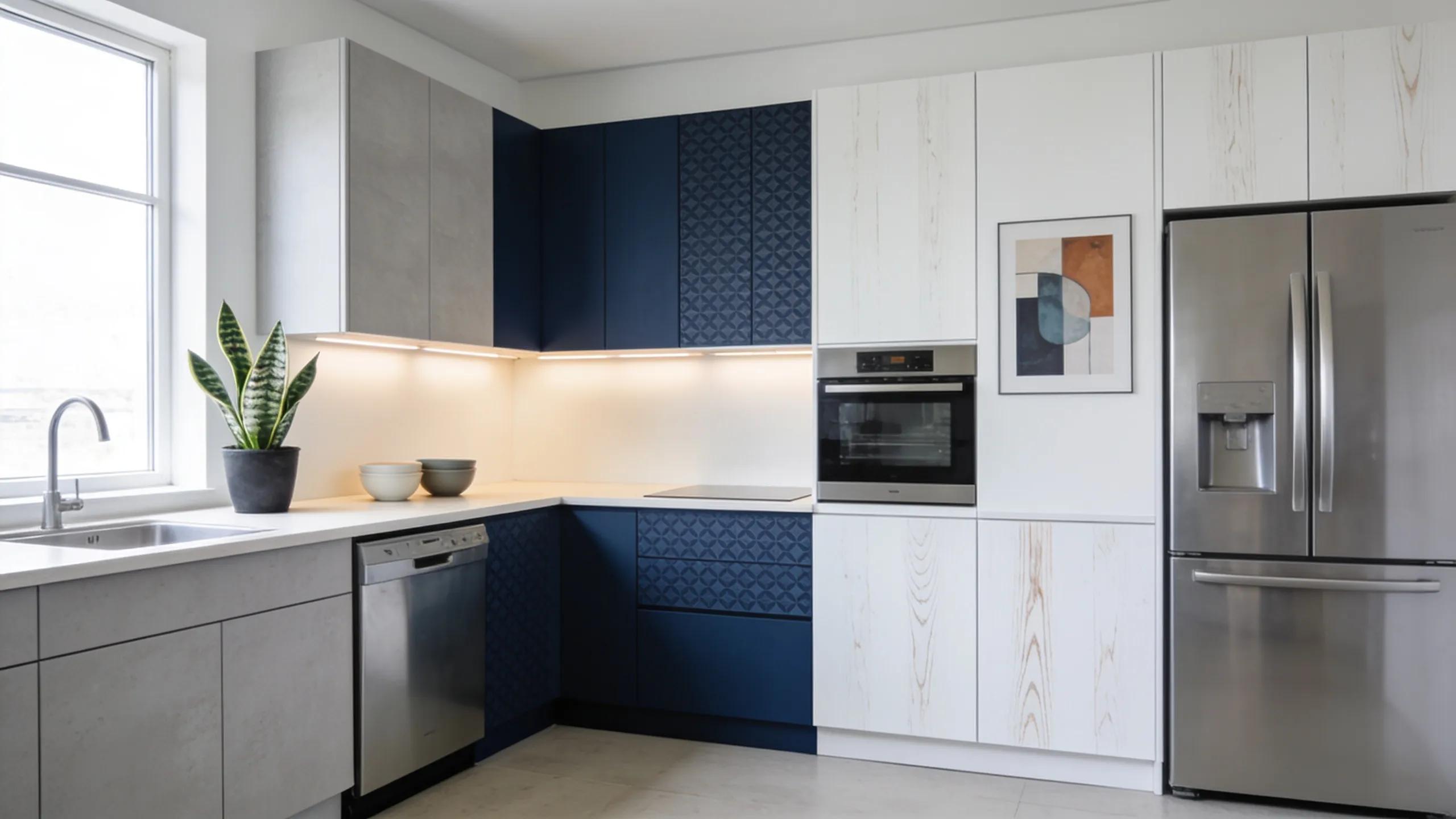 Modern laminate kitchen cabinets showcasing a variety of colors and patterns