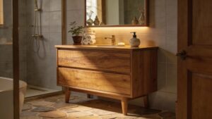 Solid wood bathroom vanity in a stylish bathroom setting, emphasizing durability and natural beauty