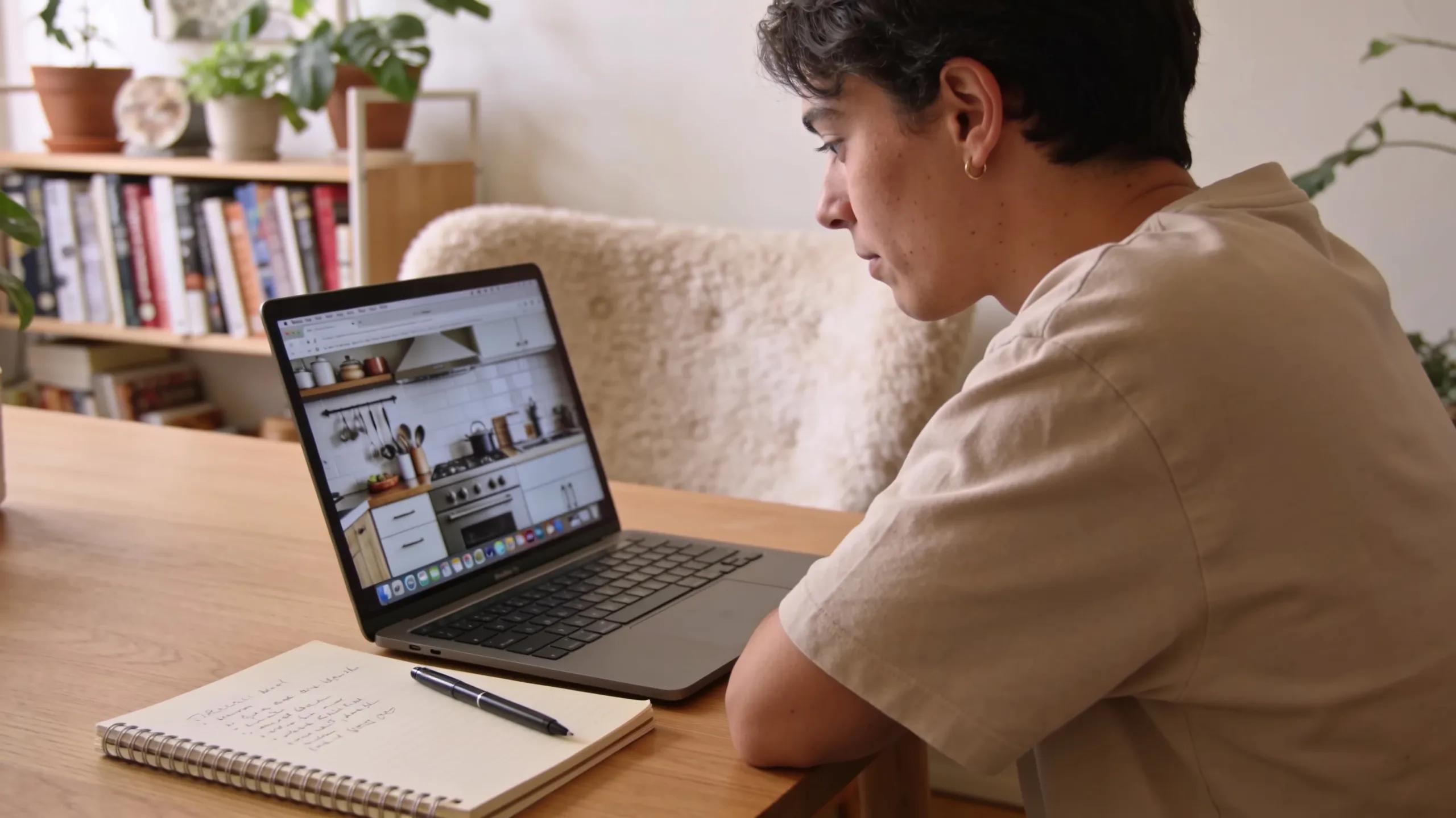 Person shopping for kitchen countertops online in a cozy home office setting