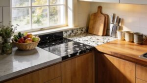 Stylish kitchen featuring quartz, granite, and laminate countertops with fresh ingredients and utensils