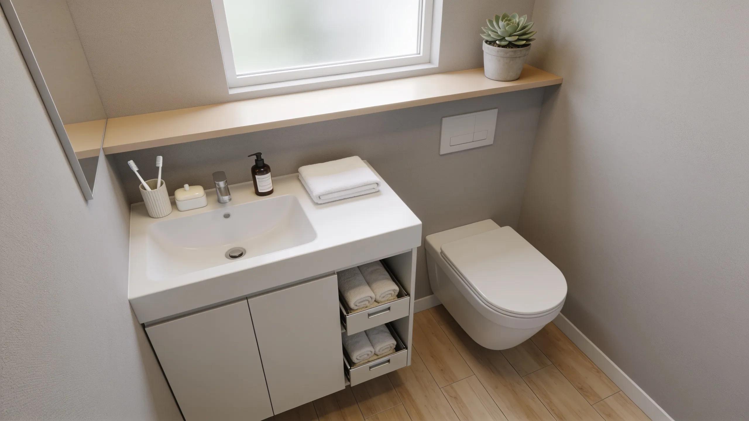 Compact single-sink bathroom vanity in a small bathroom setting