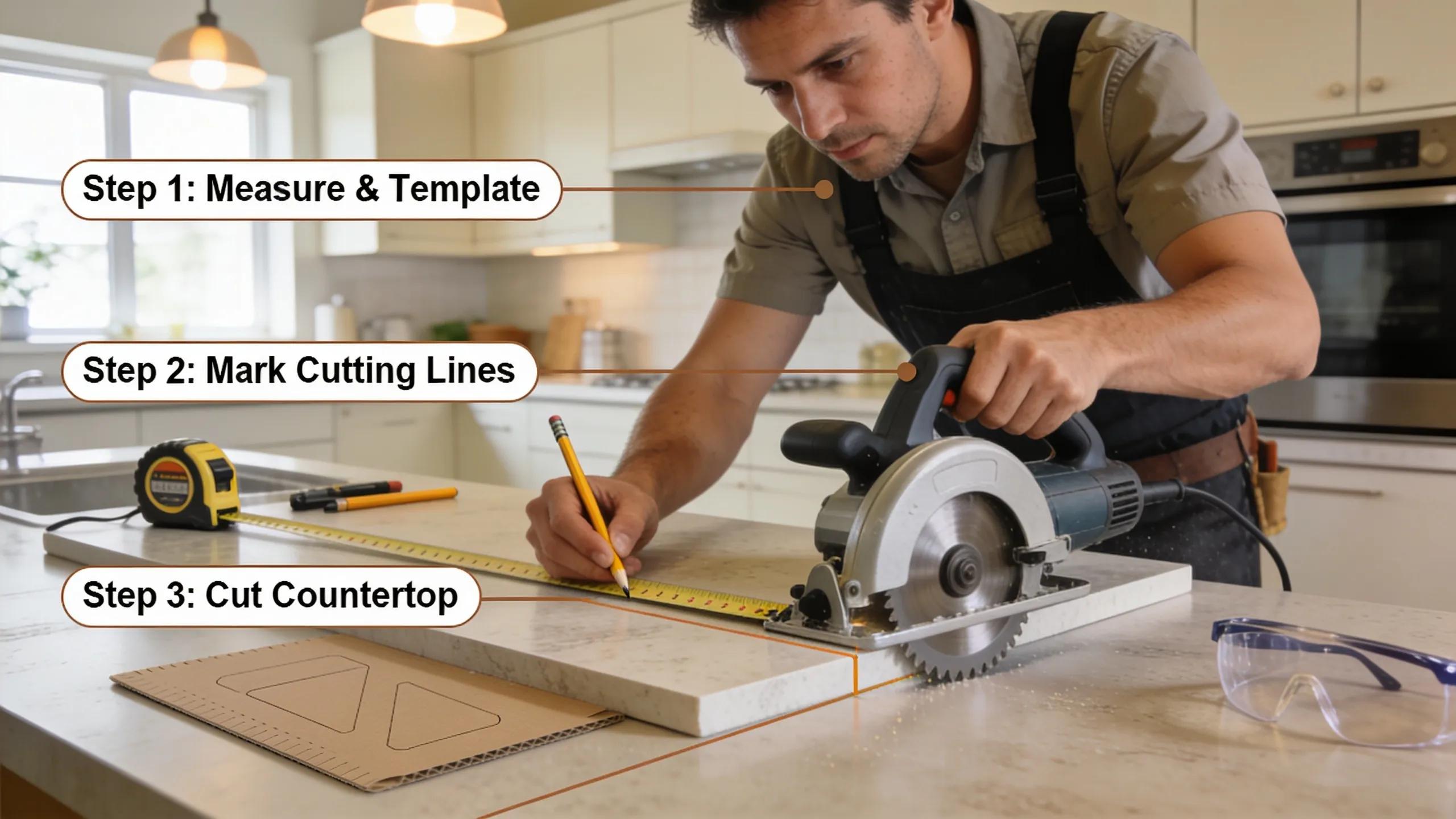 Professional installer measuring and cutting a kitchen countertop during the installation process