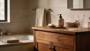 Elegant solid wood bathroom vanity in a modern bathroom, showcasing natural wood grain and stylish accessories