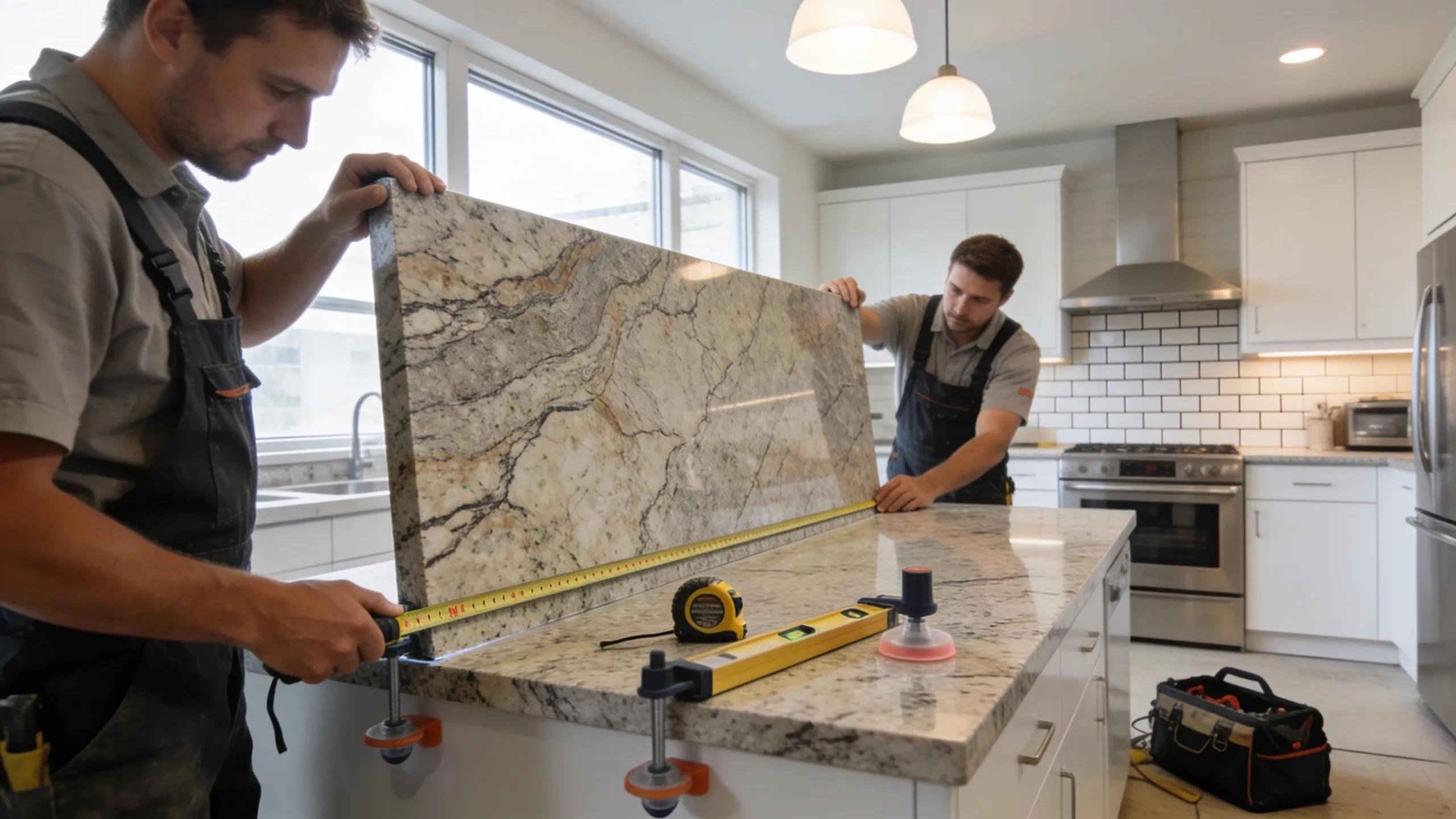 Professional installers measuring and fitting granite countertops in a modern kitchen