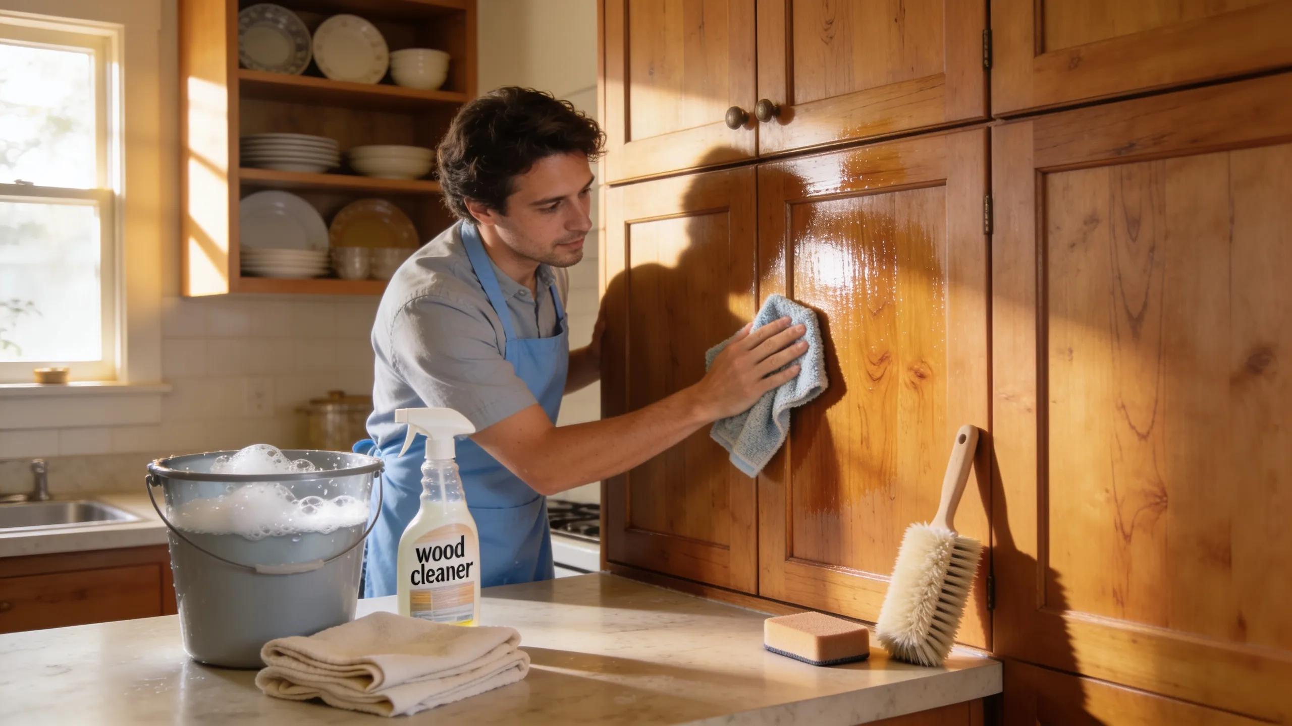 Homeowner maintaining solid wood kitchen cabinets with cleaning supplies