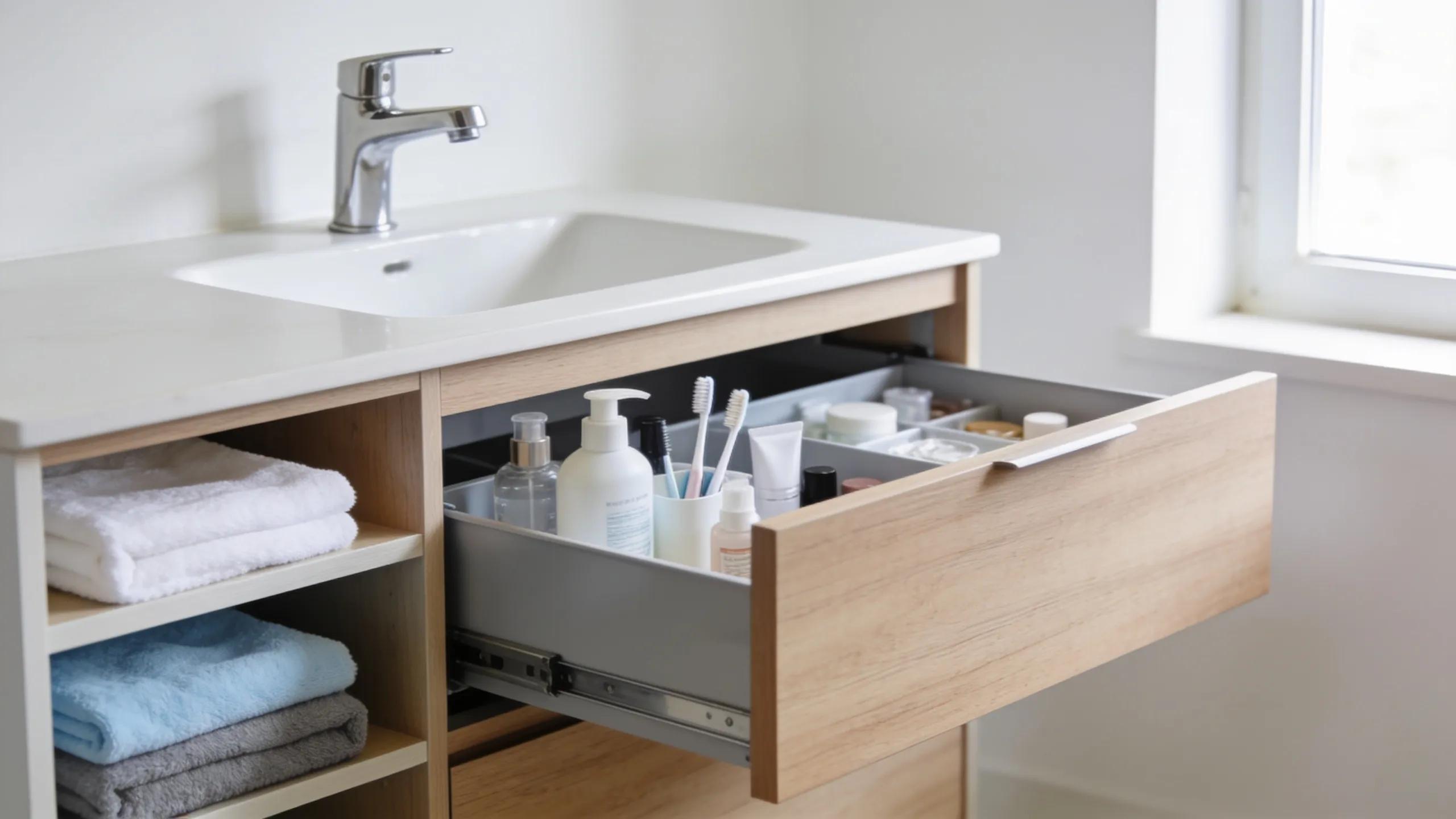 Organized bathroom vanity with integrated storage solutions and modern design