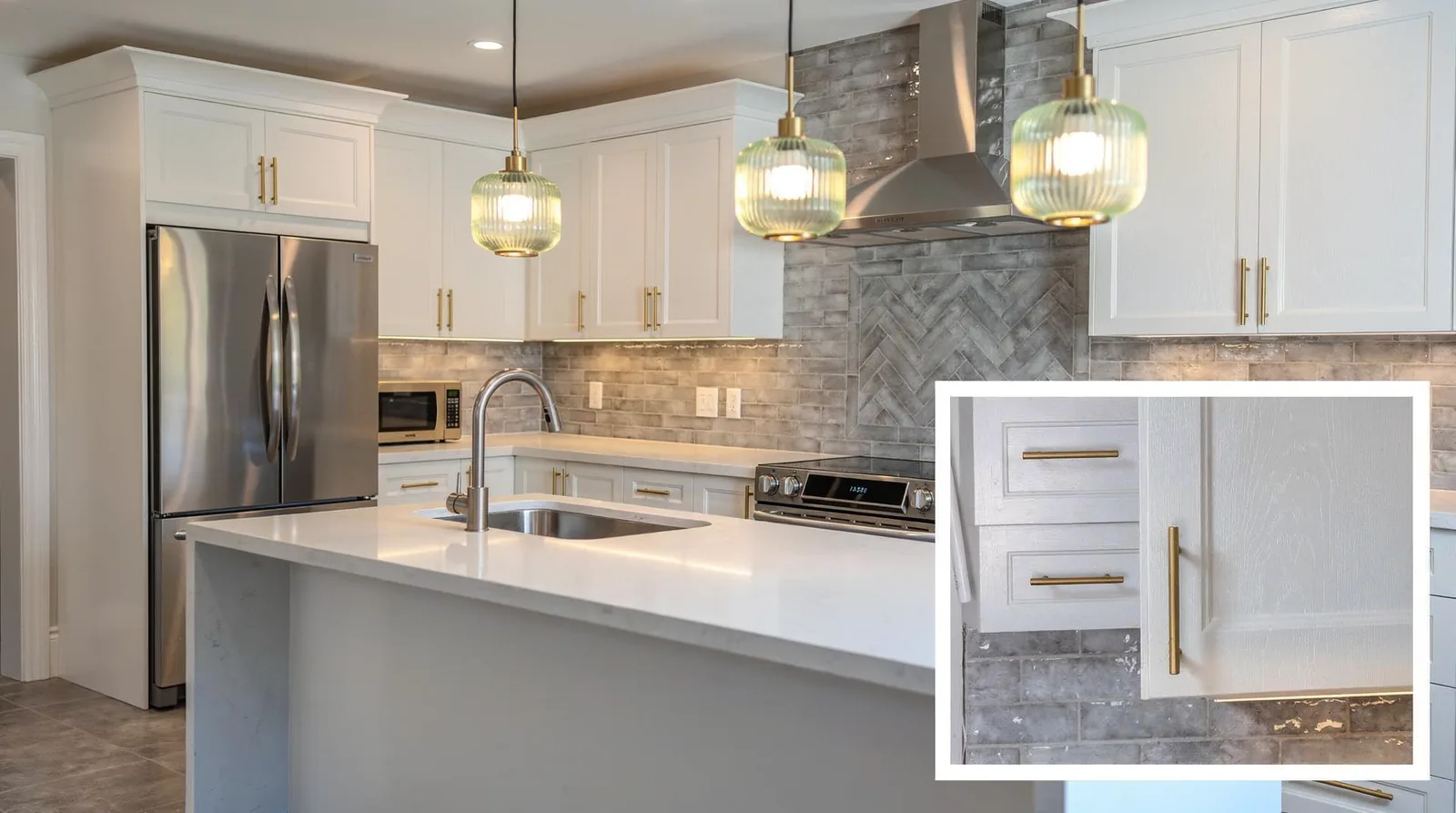 Cabinet boxes are constructed from 5/8-inch melamine, a durable and moisture-resistant substrate suited to Ontario's