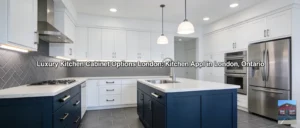 Kitchen Wholesale offers a Navy & White Island Kitchen—Refined Luxury package priced at $12,603, delivered