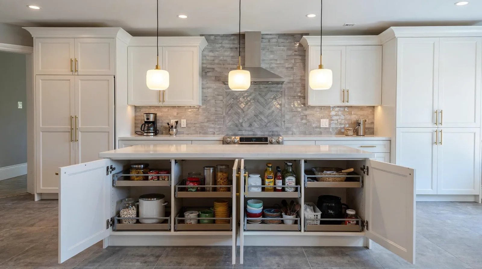 Islands with cabinets that open from both sides, or back-to-back shallow cabinets, prevent stored items