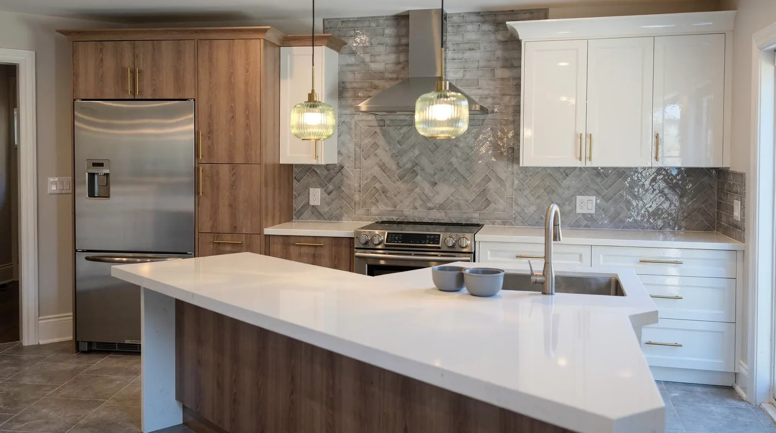 The Wood & White High-Gloss Kitchen package, delivered and installed, is priced at $5,472