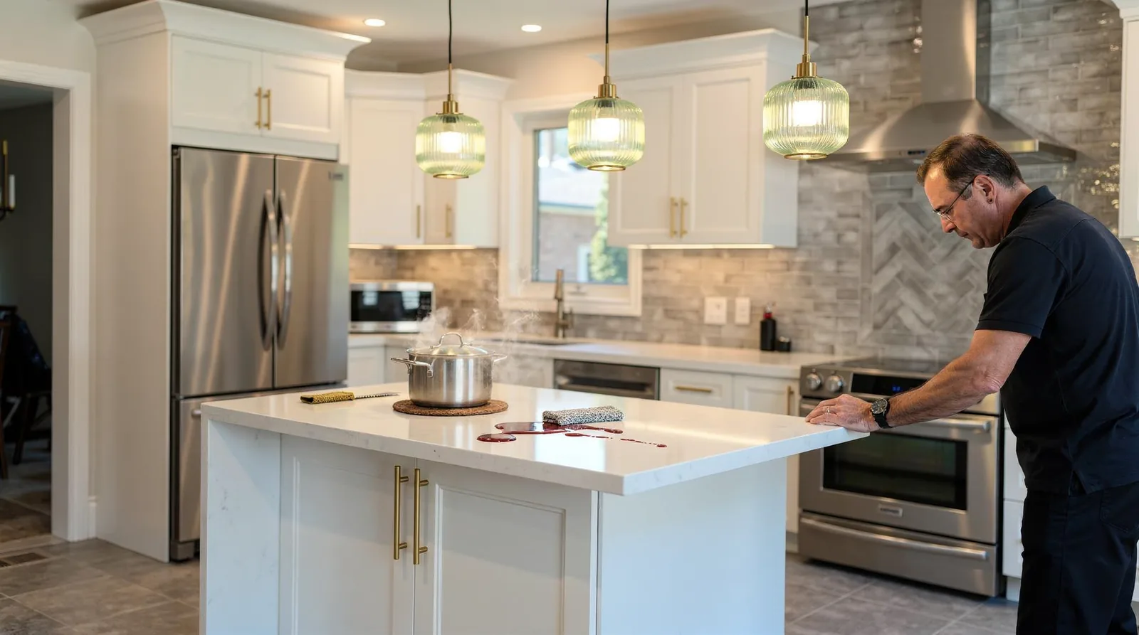 Quartz resists hot pots, serrated knives, abrasive pads, and most stains; Quartz edges and corners