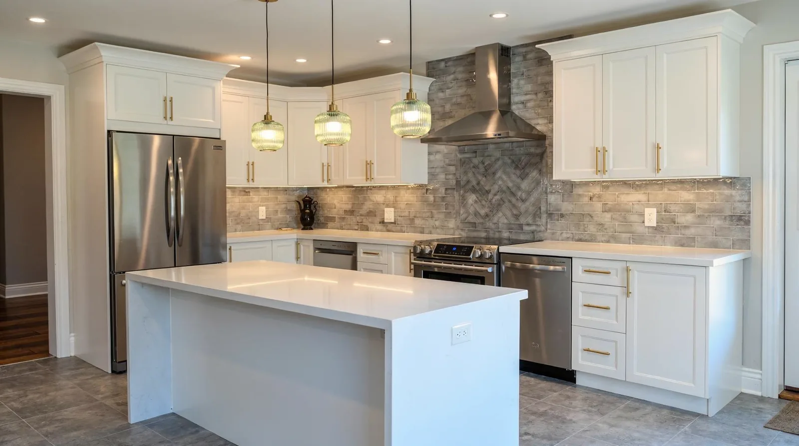 A complete Wood & White High-Gloss Kitchen package, delivered and installed, is priced at $5,472