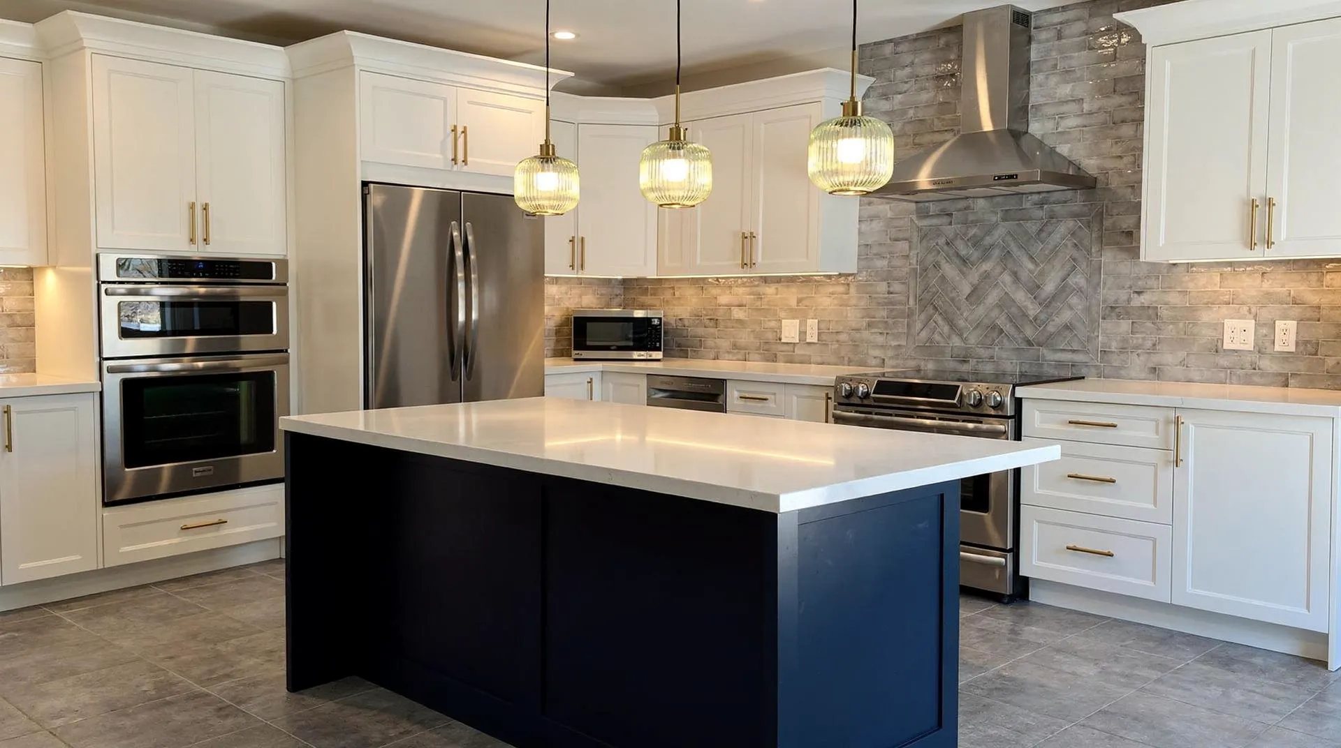 Kitchen Wholesale's Navy & White Island Kitchen—Refined Luxury package is available delivered and installed across