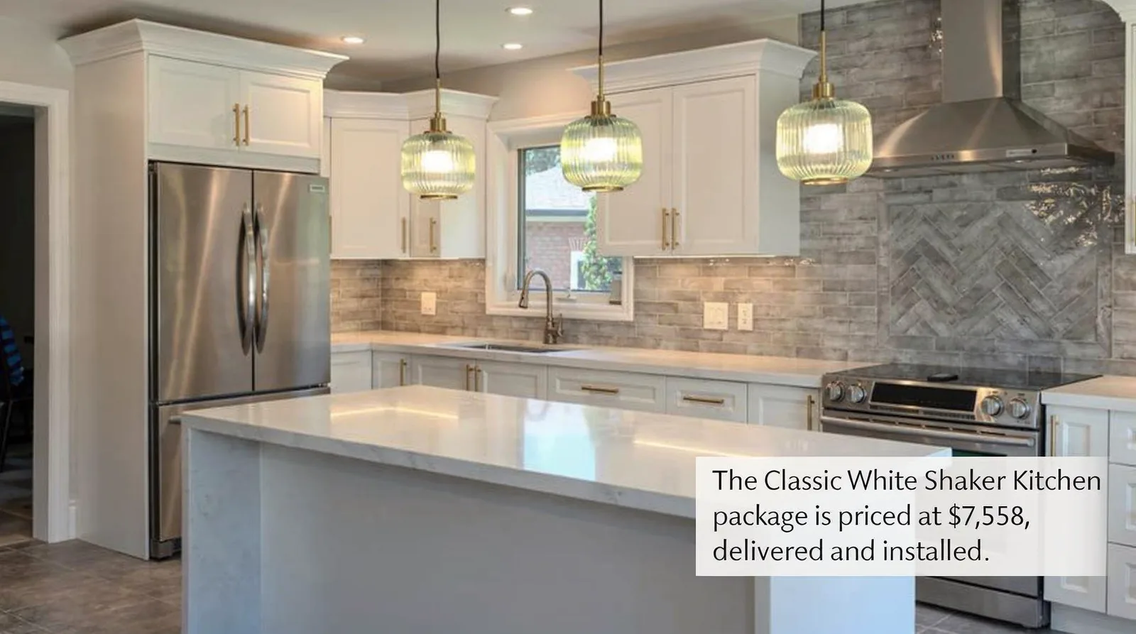 The Wood & White High-Gloss Kitchen package is priced at $5,472, delivered and installed