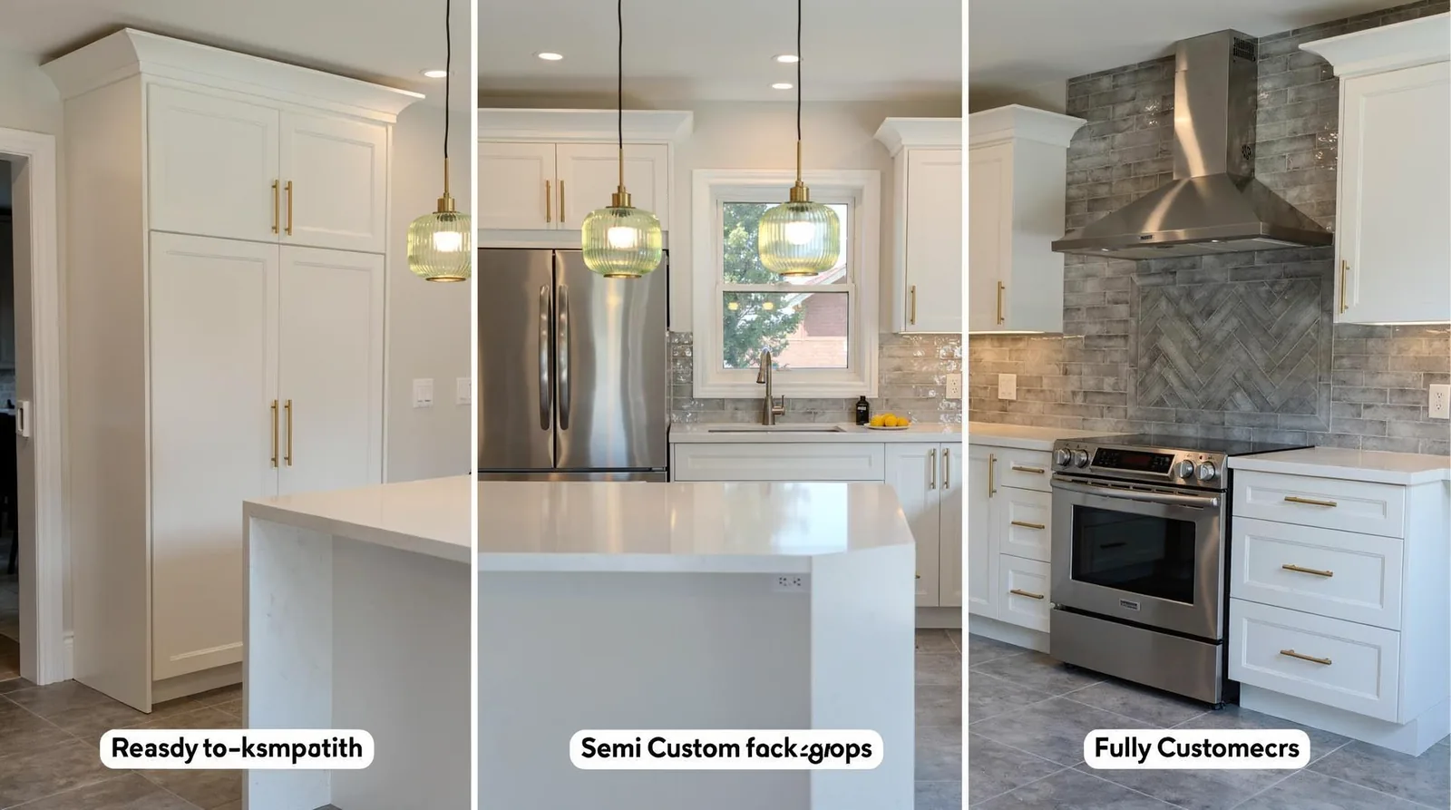A consultation walks homeowners through how cabinet types—ready-to-assemble, semi-custom, and fully custom—change