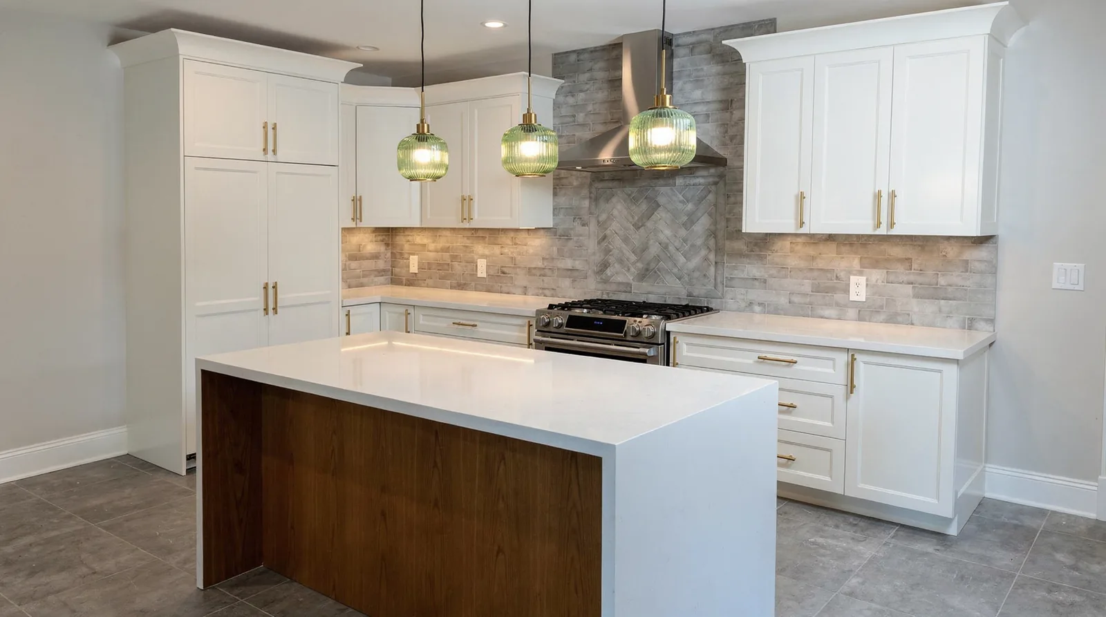 Kitchen Wholesale offers a Wood & White High-Gloss Kitchen package priced at $5,472, delivered