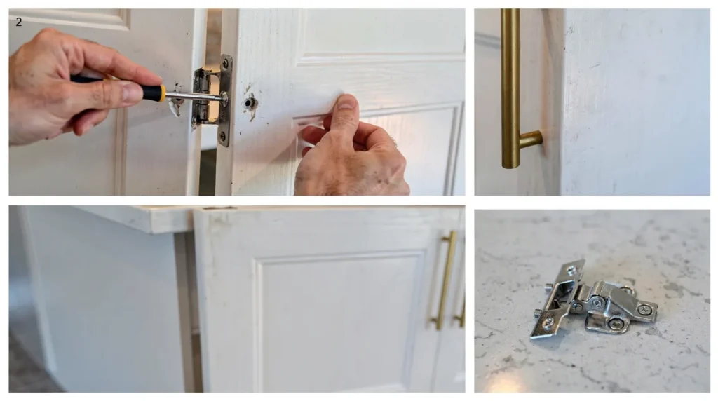 To realign a door, loosen the depth screw slightly, tap the door into position, then