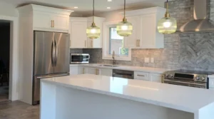 Kitchen Wholesale builds cabinet boxes from 5/8-inch melamine and doors from 3/4-inch thermofoil MDF.; Kitchen